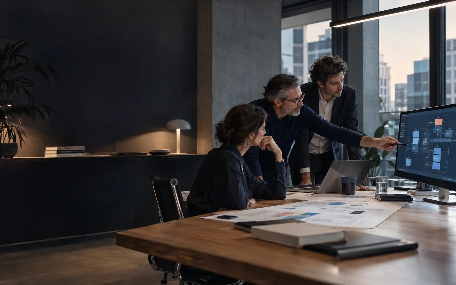Technology consultants reviewing a systems project in an office